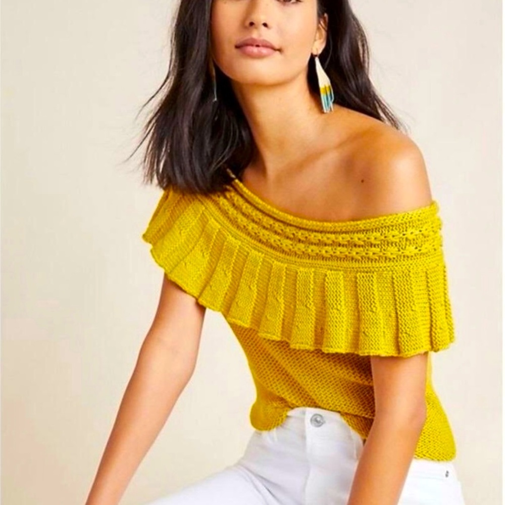 Anthropologie Knit Cotton Ruffled Off The Shoulder Top in Mustard Yellow